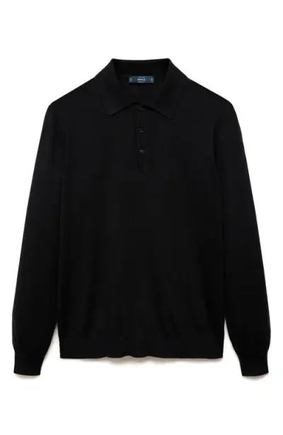 Mango Merino Wool Polo Sweater In Black