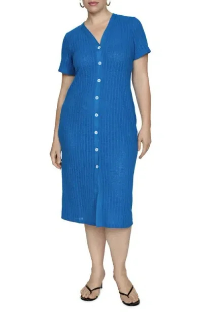 Mango Open Stitch Button Front Knit Dress In Blue