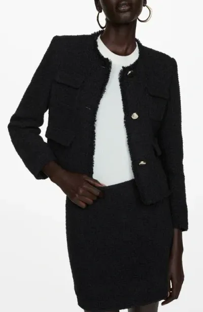 Mango Pocket Tweed Jacket In Black