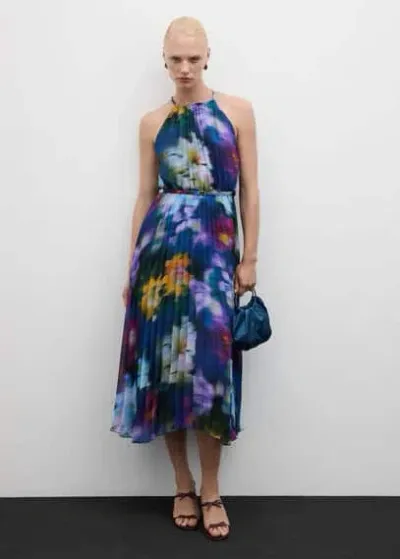 Mango Printed Pleated Dress Blue