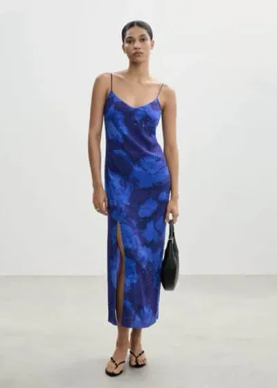 Mango Printed Strap Dress Blue