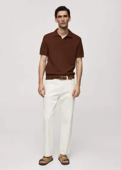 Mango Ribbed Knit Polo Shirt Tobacco Brown