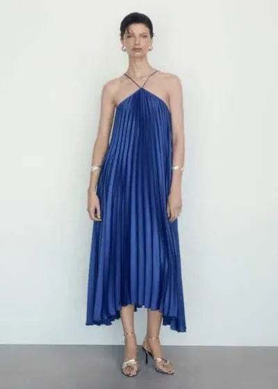 Mango Pleated Halter Neck Dress Blue