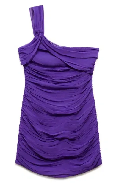 Mango Ruched One-shoulder Minidress In Purple