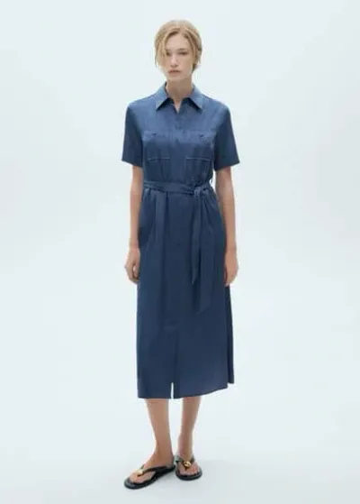 Mango Satin Shirt Dress Blue