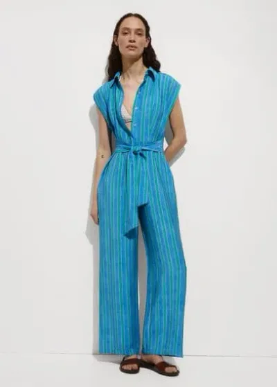 Mango Shirt Jumpsuit With Bow Blue