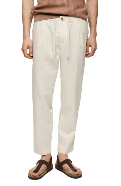 Mango Slim Fit Pleated Crop Linen & Cotton Drawstring Pants In Ecru