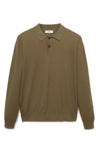 Mango Structured Long Sleeve Polo Top In Medium Green