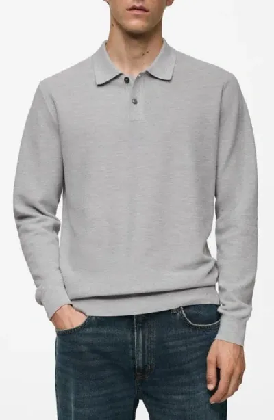 Mango Structured Long Sleeve Polo Top In Medium Heather Gray