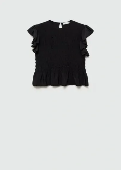 Mango Teen Frilled-sleeve Ruched Blouse Black