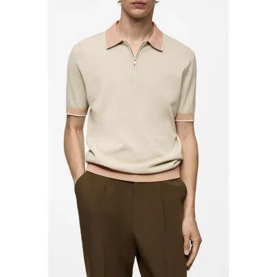 Mango Tipped Zip Placket Cotton Polo In Beige