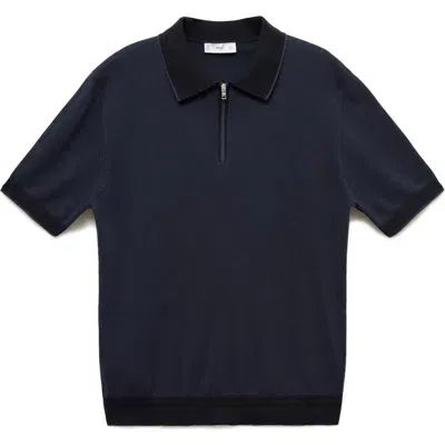 Mango Tipped Zip Placket Cotton Polo In Dark Navy