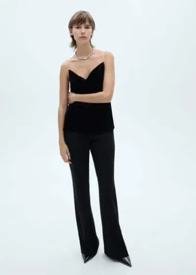 Mango Velvet Top With Rhinestone Straps Black