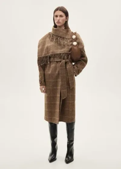 Mango Wool-blend Micro-houndstooth Coat Brown