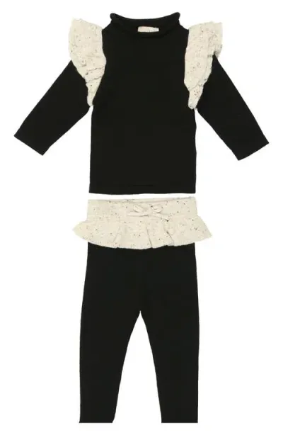 Maniere Manière Flecked Ruffle Long Sleeve Cotton Blend Top & Leggings Set In Black/white