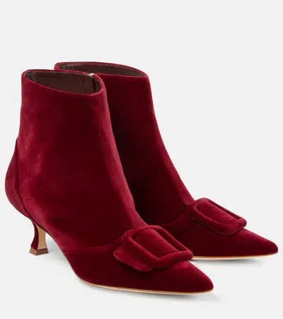 Manolo Blahnik Baylow Velvet Ankle Boots In Burgundy