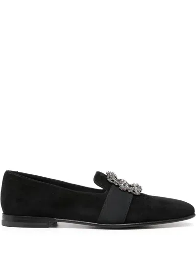 Manolo Blahnik Carlton Crystal Encrusted Buckle Velvet Loafers In Black