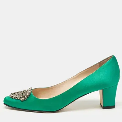 Pre-owned Manolo Blahnik Green Satin Okkaava Crystal Embellished Pumps Size 37.5