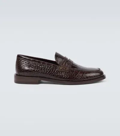 Manolo Blahnik Perry Croc-effect Leather Penny Loafers In Burgundy