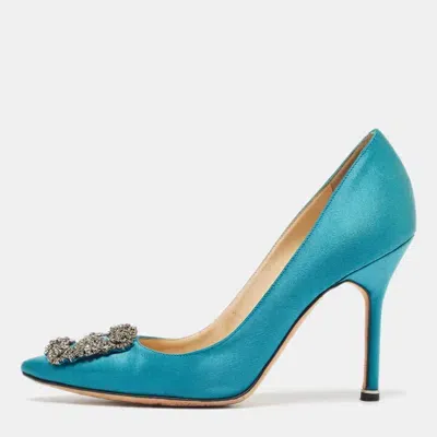 Pre-owned Manolo Blahnik Teal Satin Hangisi Pumps Size 37.5 In Green