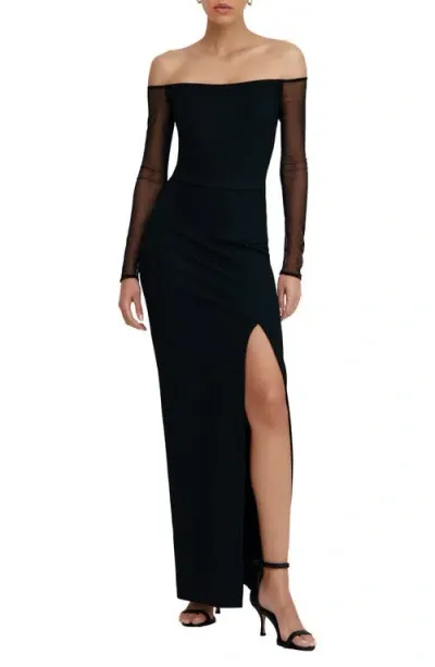 Marcella Marian Off The Shoulder Mesh Long Sleeve Gown In Black