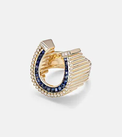 Marie Lichtenberg Horseshoe 18kt Gold Ring With Diamonds And Sapphires