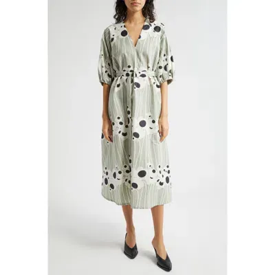 Marimekko Aiva Lammet Belted Midi Dress In Greyish Green White Dk Grey