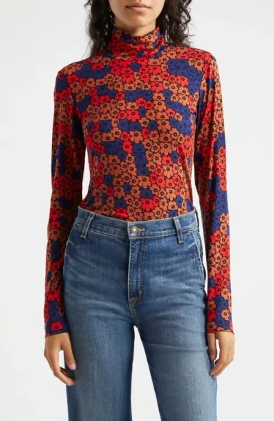 Marimekko Armas Unikko Mock Neck Top In Brick Red Blue Red