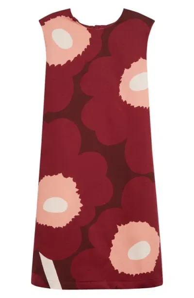 Marimekko Siluetti Unikko Sleeveless Satin Cotton Dress In Wine Red Rose Beige