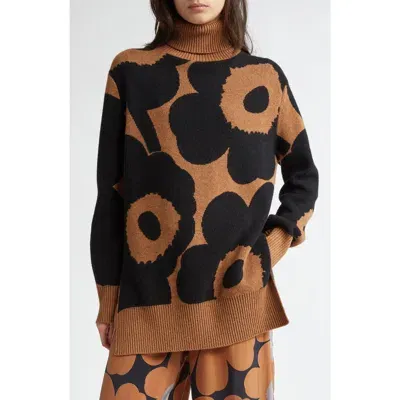 Marimekko Vinni Unikko Wool Turtleneck Sweater In Black Brown