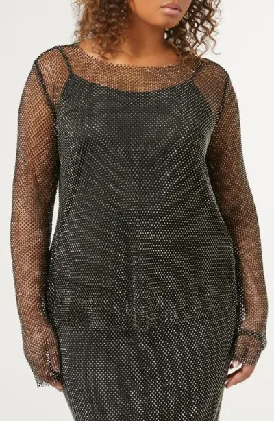 Marina Rinaldi Agostin Rhinestone Adorned Sheer Mesh Top In Black