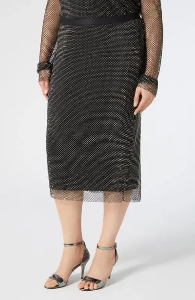 Marina Rinaldi Nuvole Strass Rhinestone Jersey Mesh Midi Skirt In Black