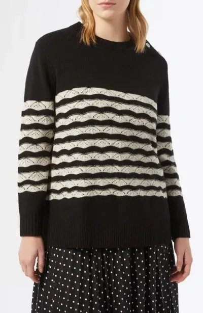 Marina Rinaldi Umberta Pointelle Stripe Virgin Wool Sweater In Black