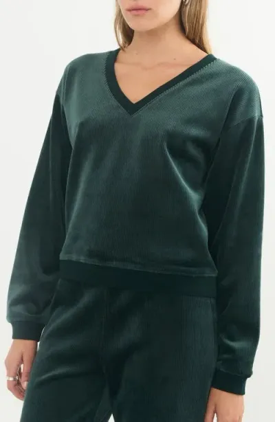 Marine Layer Velour Corduroy V Neck Sweatshirt In Green Gables