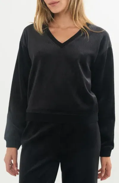 Marine Layer Rib Velour V-neck Sweatshirt In Black