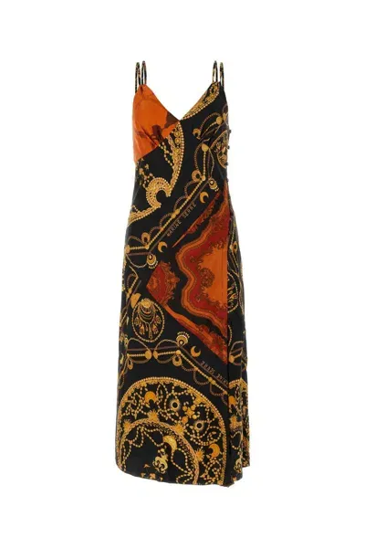 Marine Serre Printed Long Cocktail Silk Dress In Black