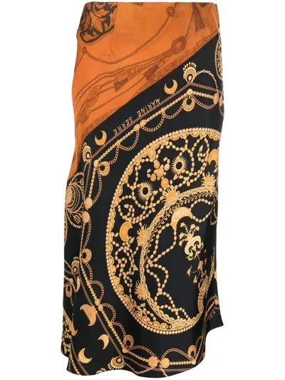 Marine Serre Printed Silk Satin Patchwork Midi Skirt In Orange