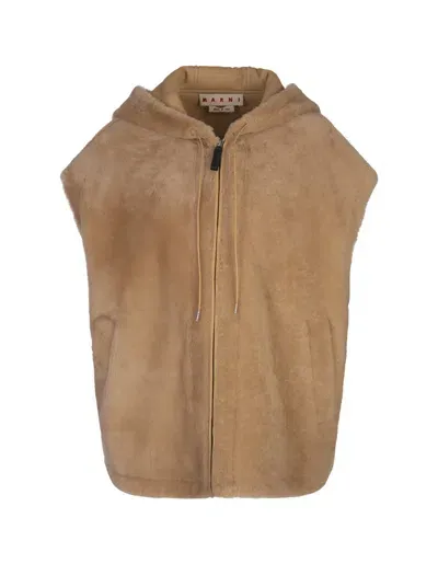 Marni Beige Shearling Hooded Gilet In Brown