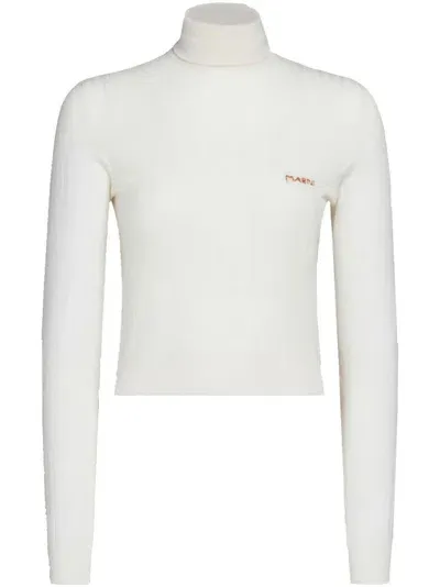 Marni Embroidered-logo High-neck Ribbed Sweater In White