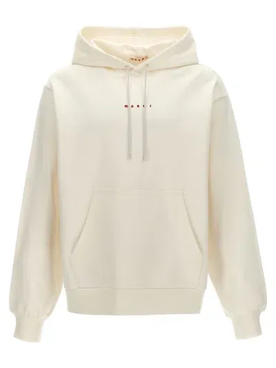 Marni Logo Printed Drawstring Hoodie In White