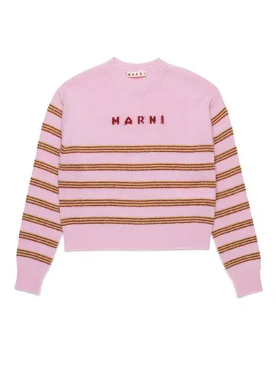 Marni Kids' Logo-intarsia Striped Jumper In Pink