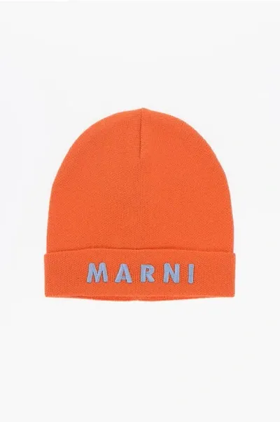 Marni Solid Color Beanie With Embroidered Logo In Orange