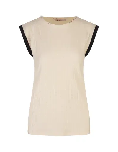 Marni White Ribbed Sleeveless Top With Red Stitching