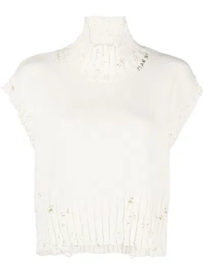 Marni Distressed Ribbed-knit Sleeveless Jumper In White