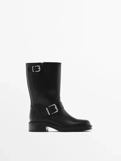 Massimo Dutti Flache Stiefelette Mit Schnallen In Black