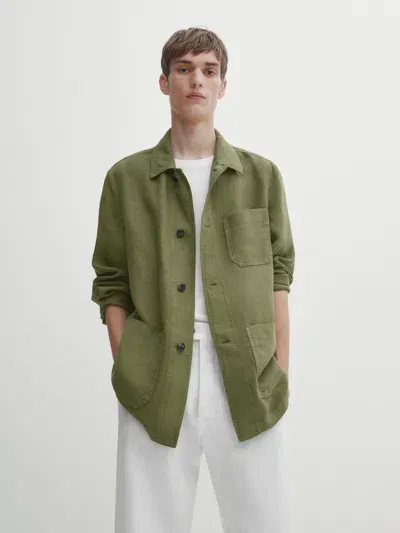 Massimo Dutti Hemdjacke Aus Reinem Leinen Mit Taschen In Green