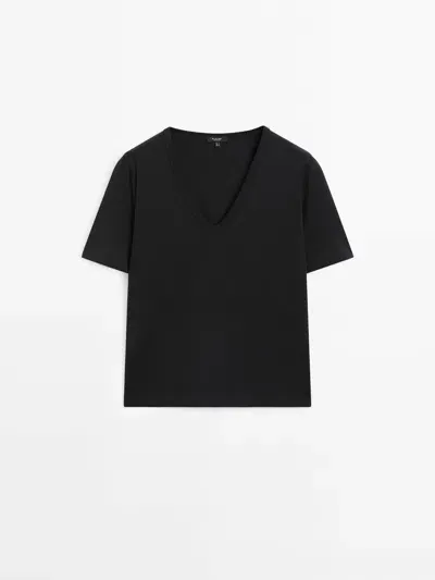 Massimo Dutti T-shirt Aus 100% Baumwolle Mit Kurzen Ärmeln In Black