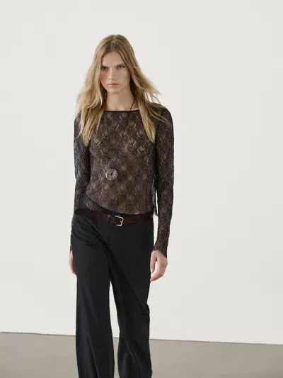 Massimo Dutti Top Aus Spitze Mit Langen Ärmeln In Black