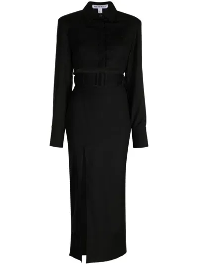 Materiel Cut Out-detail Belted Wool Dress In Black