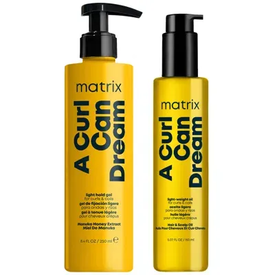 Matrix A Curl Can Dream Defining Light Hold Hair Gel 250ml And Moisturising Hair Oil 150ml Bundle For Curls In White